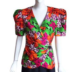 Vtg 80s Tropical Floral Curvy Cut Strong Shoulder Cotton Wrap Statement Top M